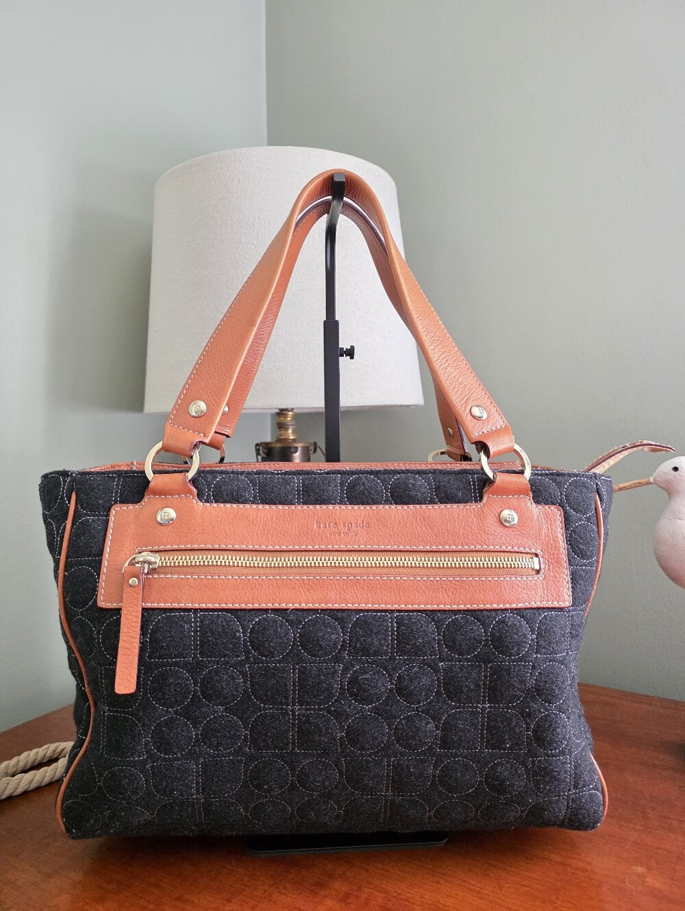 Kate Spade WKRU0223 Quilted Wool Dark Gray Tan Leather Tote Shoulder Bag